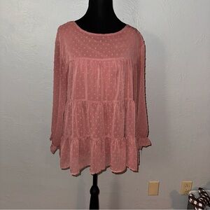 Prettygarden Pink Swiss Dot Tiered Blouse | Size L | Boho Peplum Top